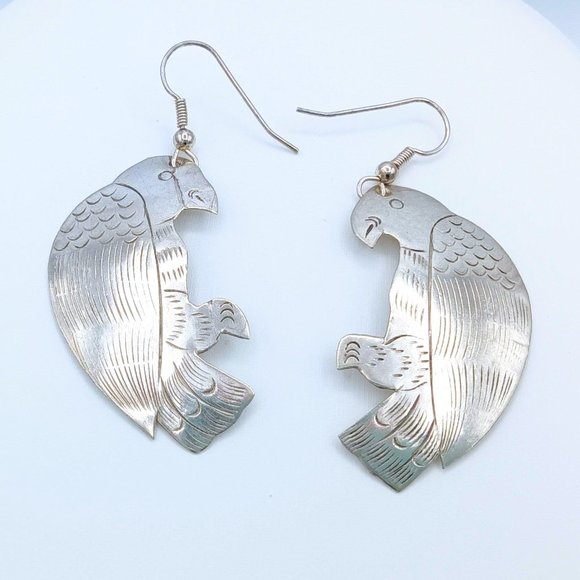 Vintage Silver Etched Bird Hawk Dangle Earrings - Picture 5 of 12